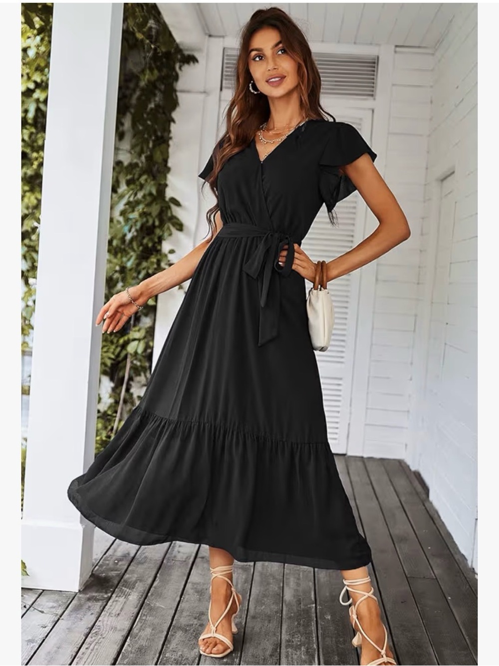 Elegant Black V-Neck Maxi Dress with Self-Tie Waist
